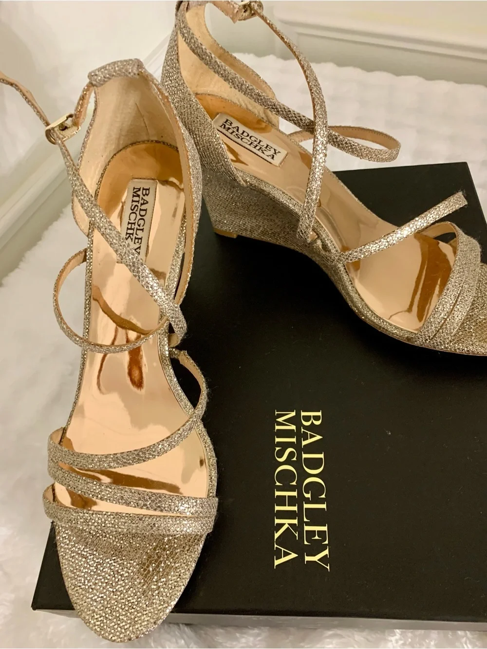 Badgley Mischka Gold Glitter Multi-Strap Wedge Sandals